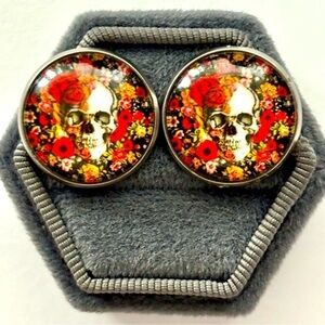 18mm Stainless Steel Stud Earrings with Skull and Floral Print Cabochon, NWT